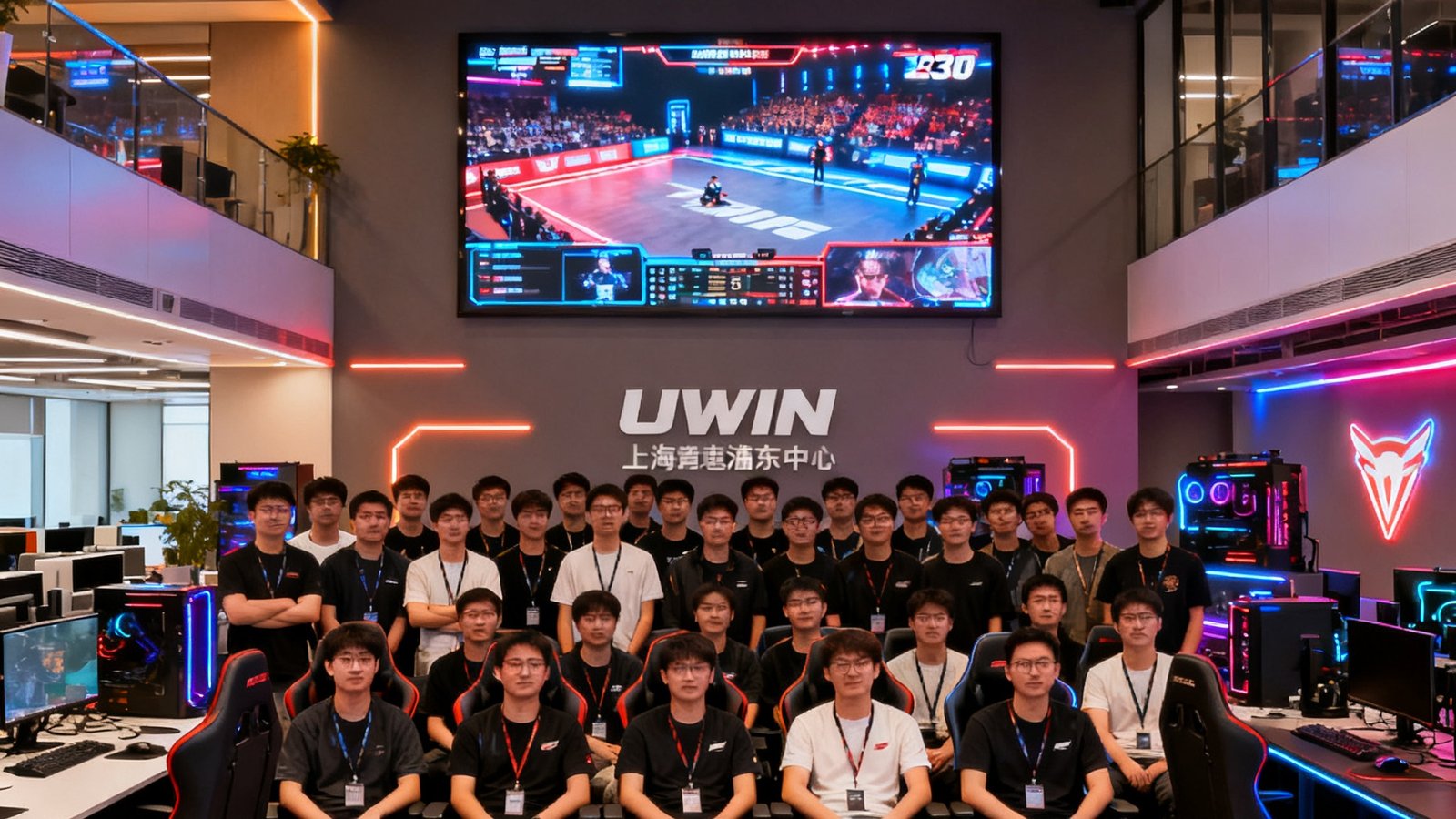 UWIN电竞上海浦东总部团队合照，230名员工在开放式办公区合影，背景墙上挂着大型LED屏幕播放赛事直播，办公环境充满电竞元素和科技感。