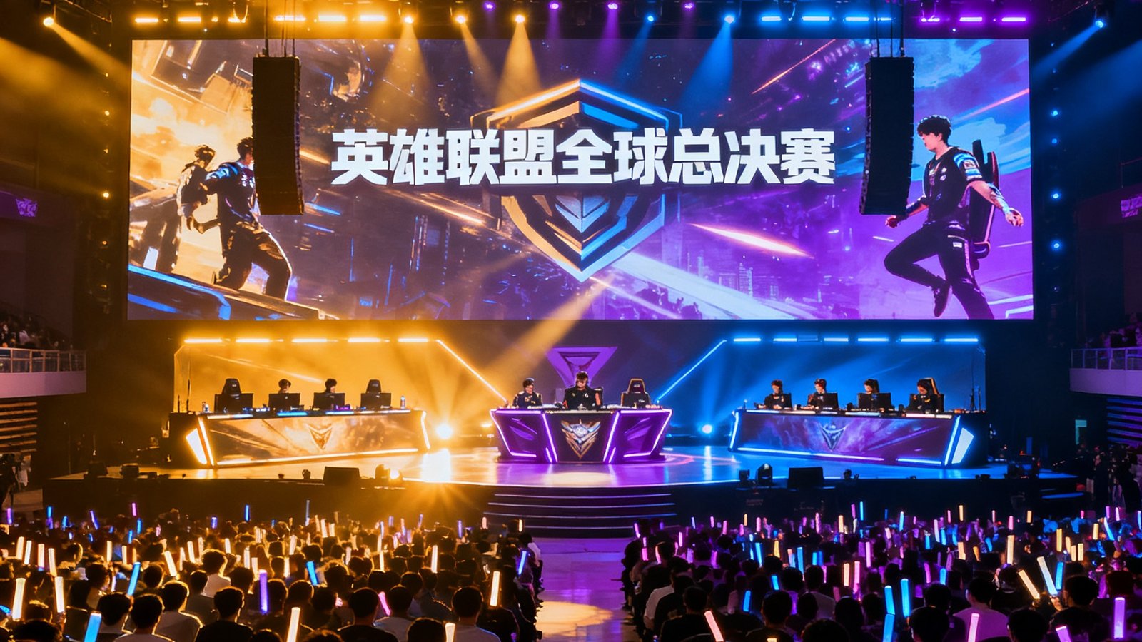 UWIN电竞大型赛事直播现场，数千名观众在巨型LED屏幕前观看英雄联盟全球总决赛，荧光棒挥舞成海，舞台灯光绚烂夺目。