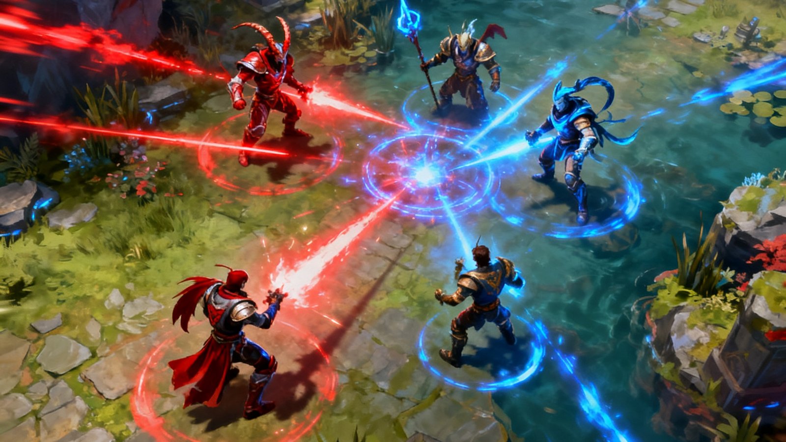 DOTA2国际邀请赛TI13小组赛，Team Spirit与Gaimin Gladiators在河道区域爆发5v5团战，技能光效铺满屏幕。