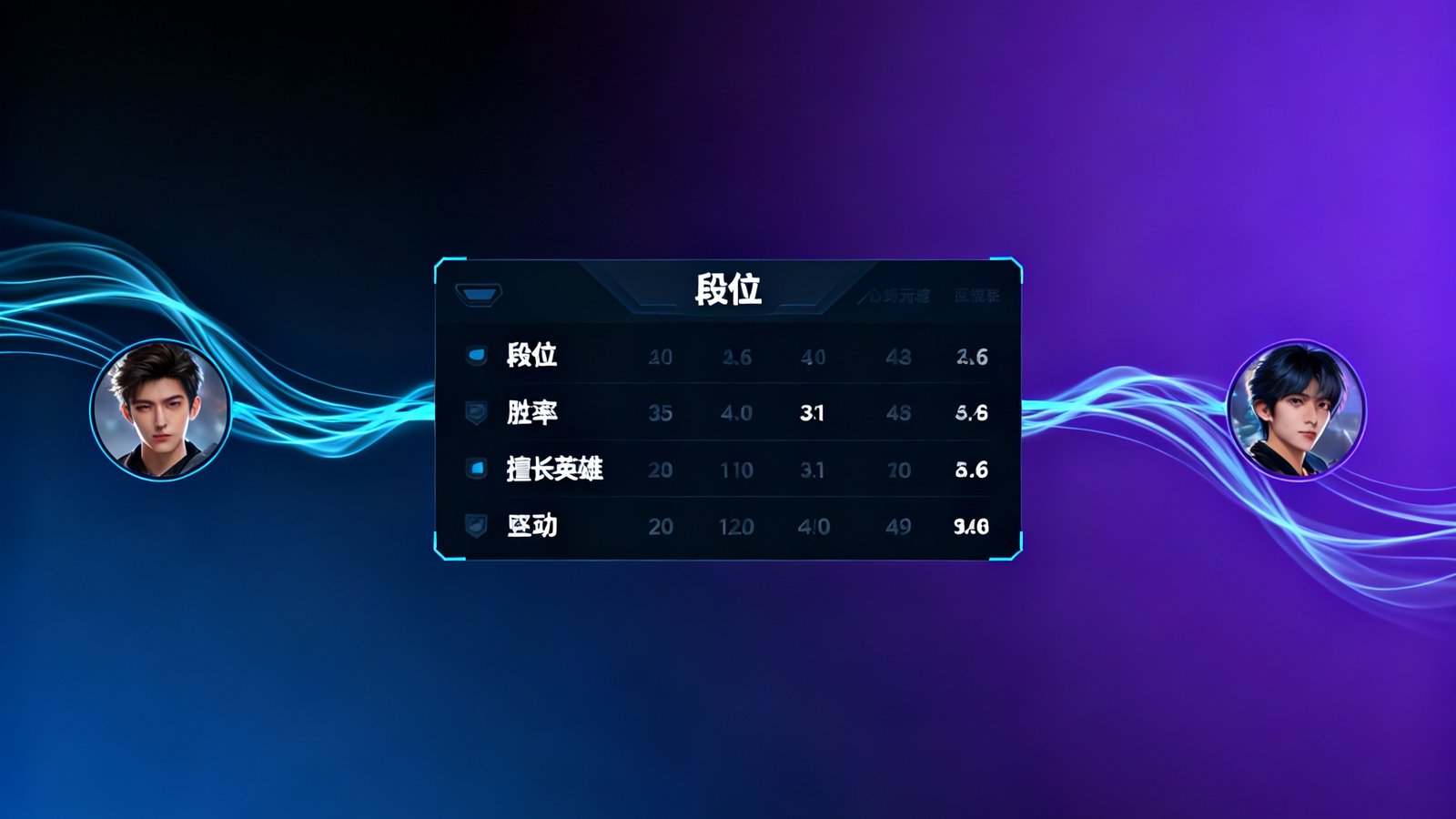 UWIN电竞智能组队界面，深色主题UI展示玩家段位、胜率、擅长英雄等匹配数据面板，两侧玩家头像通过动态线条连接表示匹配成功。