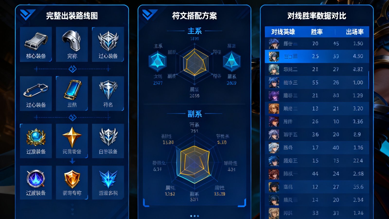 UWIN电竞攻略中心详情页，展示某热门英雄的完整出装路线图、符文搭配方案以及对线不同英雄的胜率数据对比表格，页面设计清晰专业。